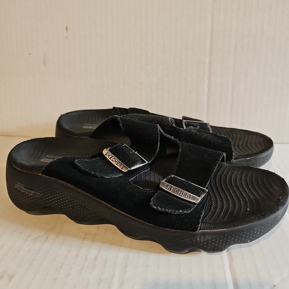 Skechers massage fit Women’s Suede Slide Sandals Black Double Buckle US 8